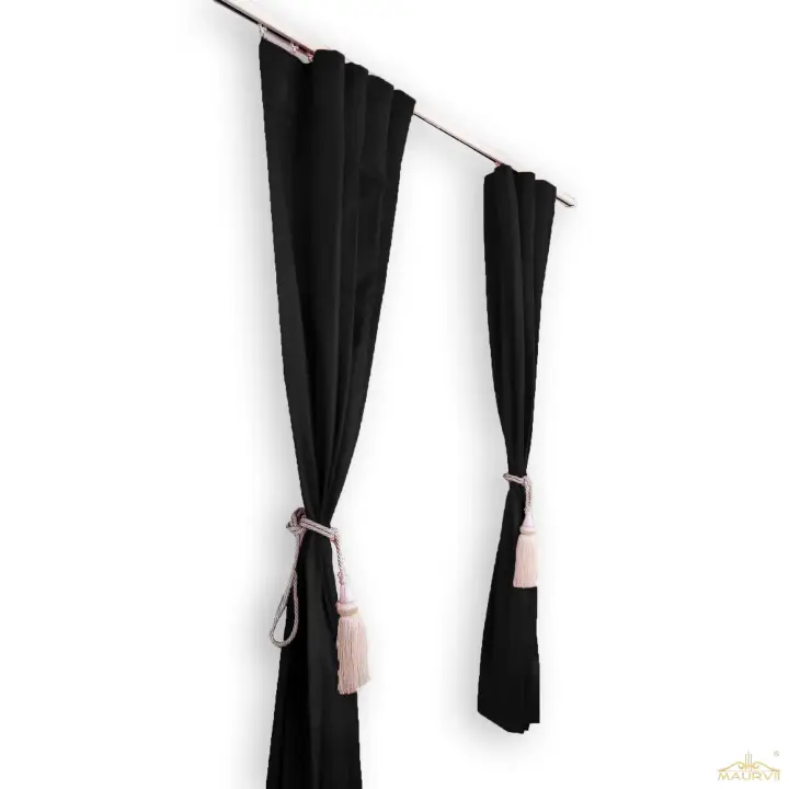Living Room Curtains With Tassel In Black Color Installed With Traverse Rod