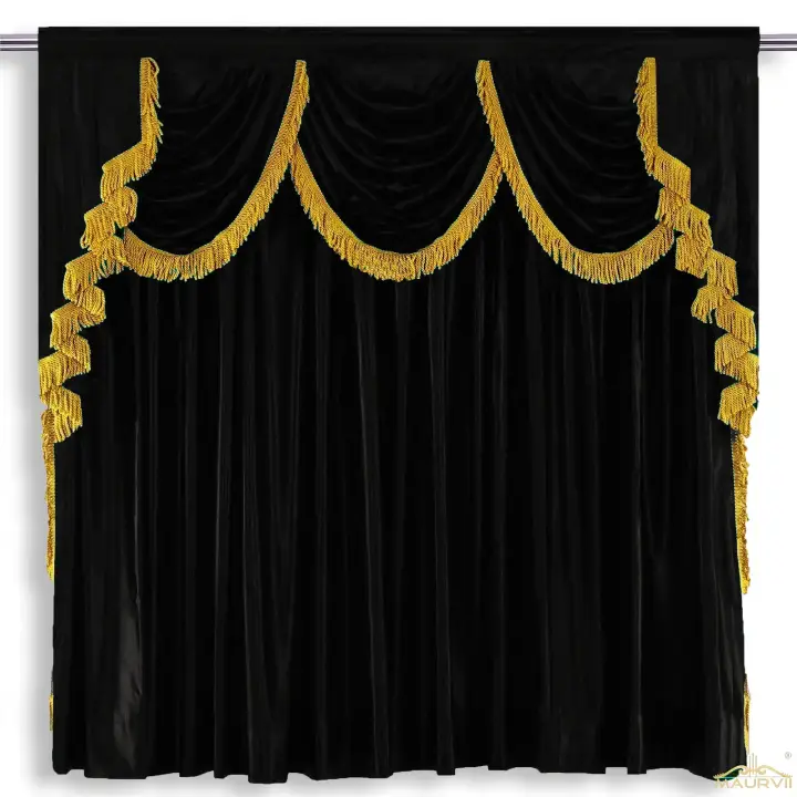 Black Stage Curtains With Valance Installed At Theater Room