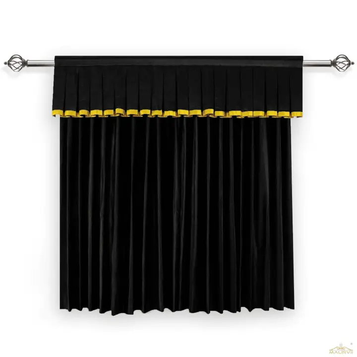 Black Home Theater Curtains Installed With Golden Fringe At Room