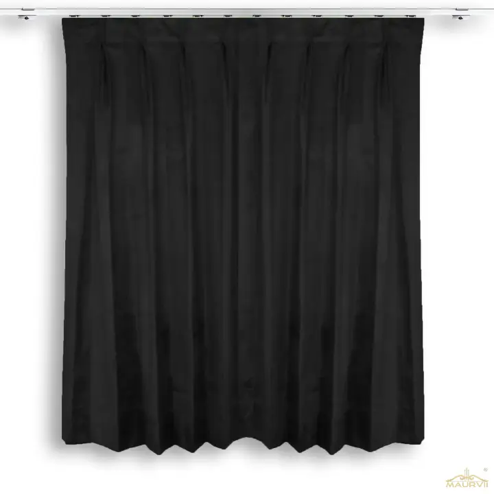 Black Velvet Stage Curtains Installed With Traverse Rod In Pleated Pattern