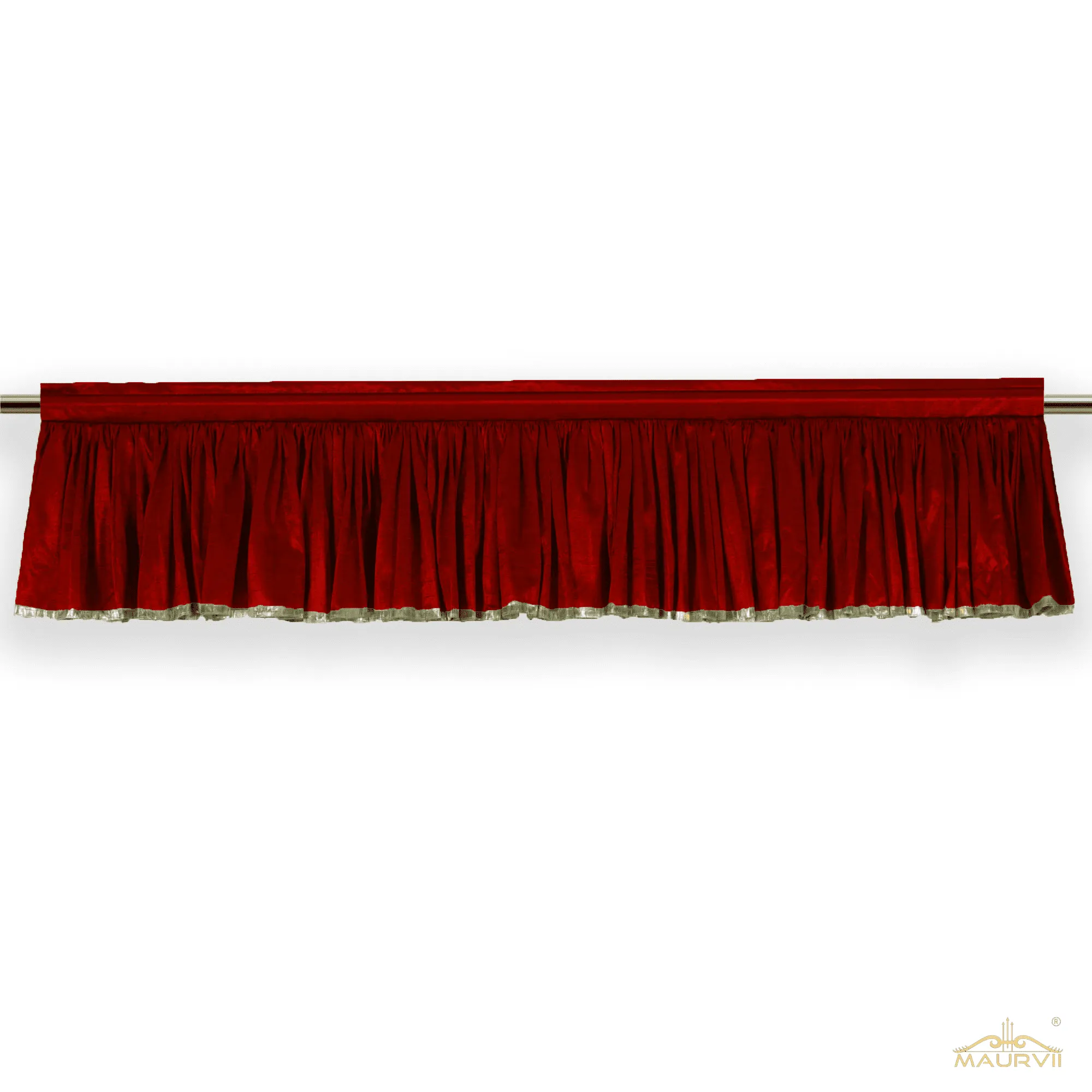 Red Pleated Valance installed with curtain rod