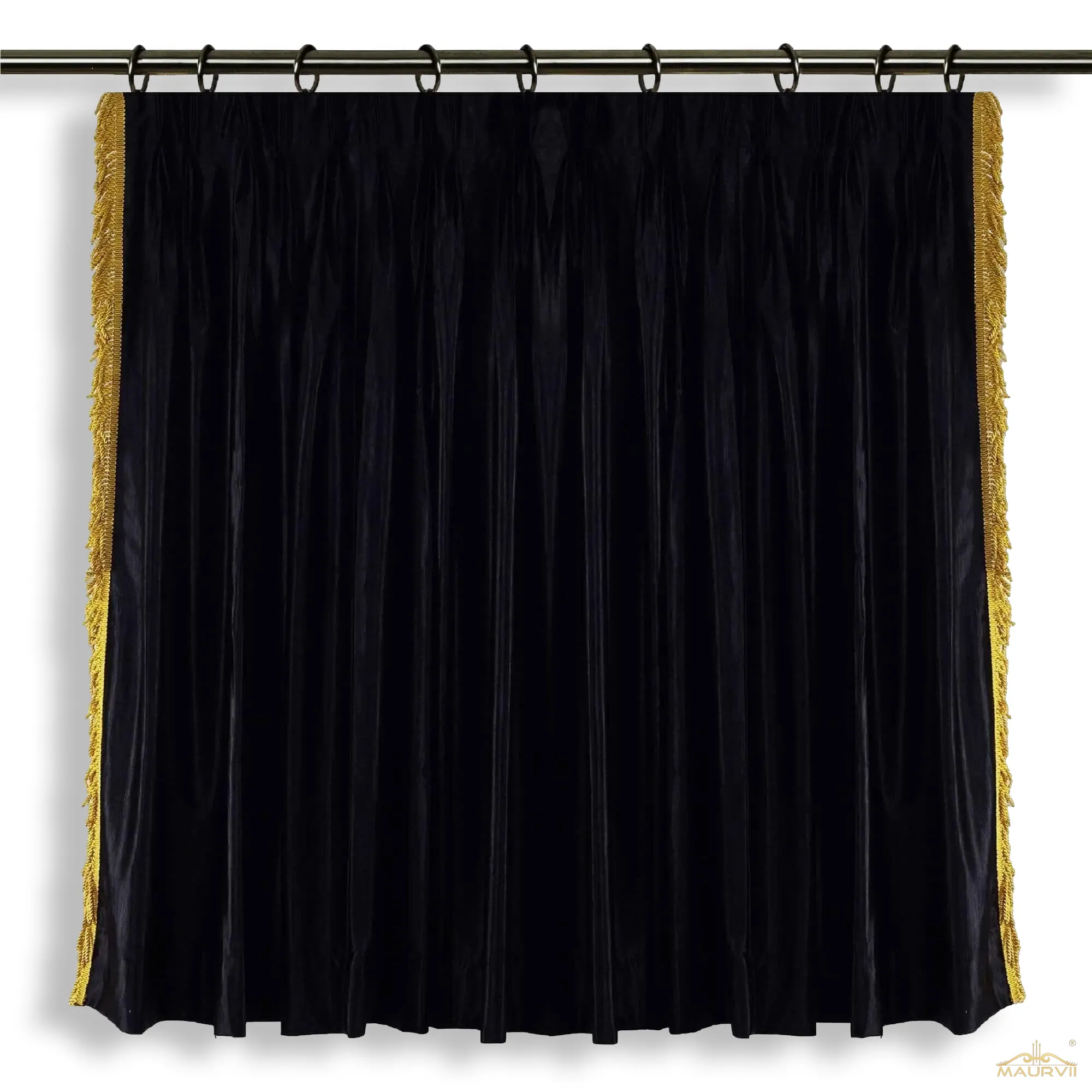 Black lace curtains with golden fringe