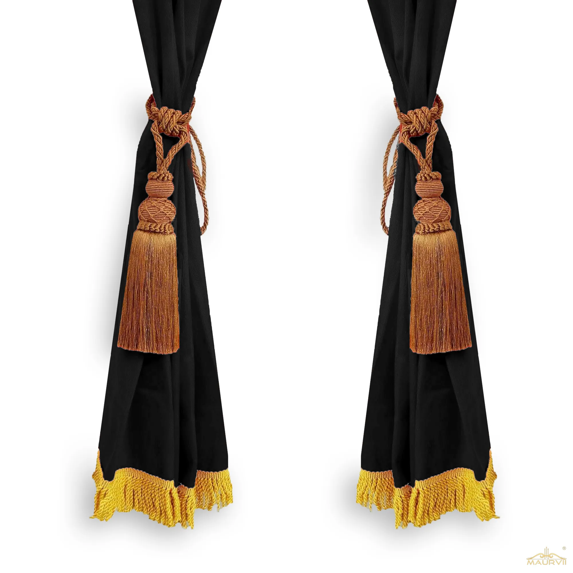 Black velvet curtains with fringe