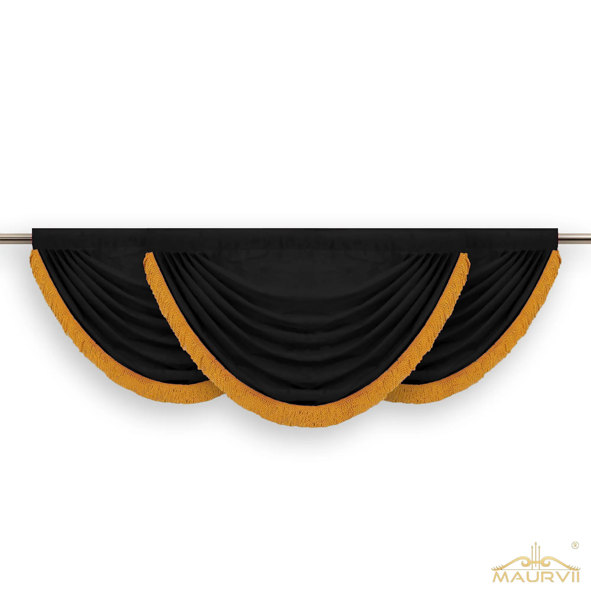 Black swag valance curtains with fringe