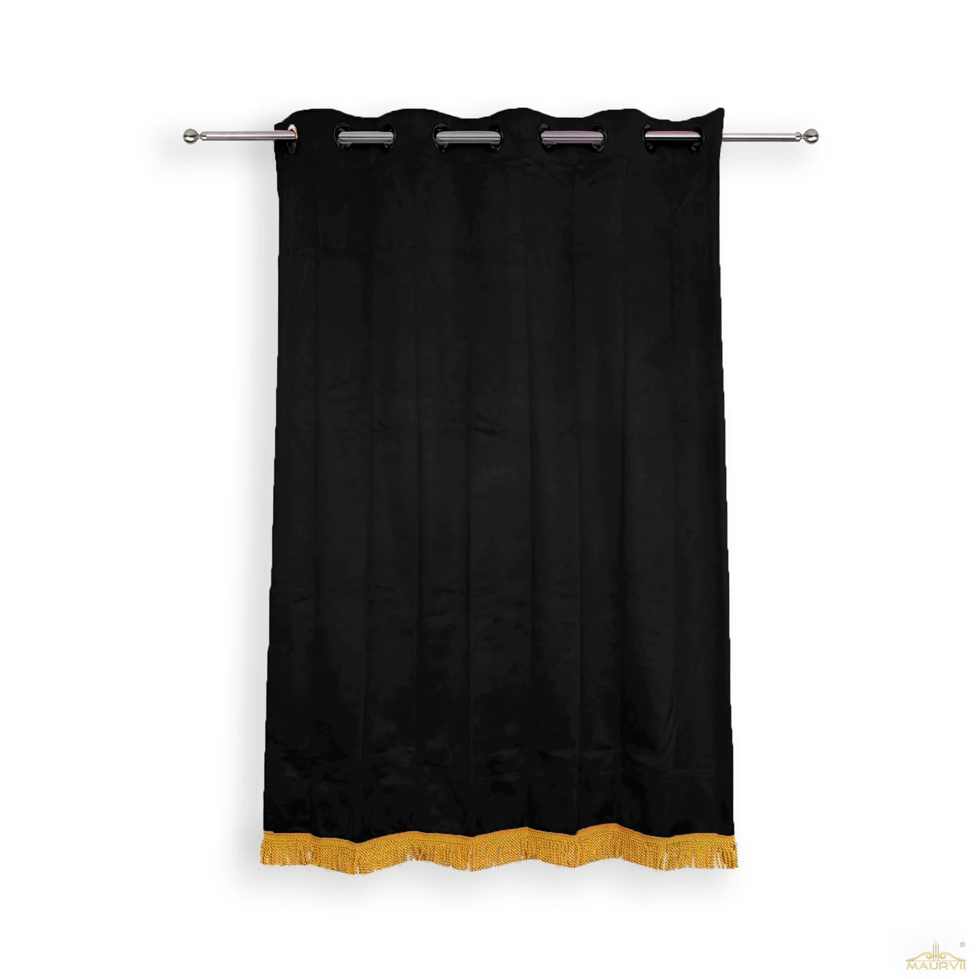 Black color velvet curtains with fringe