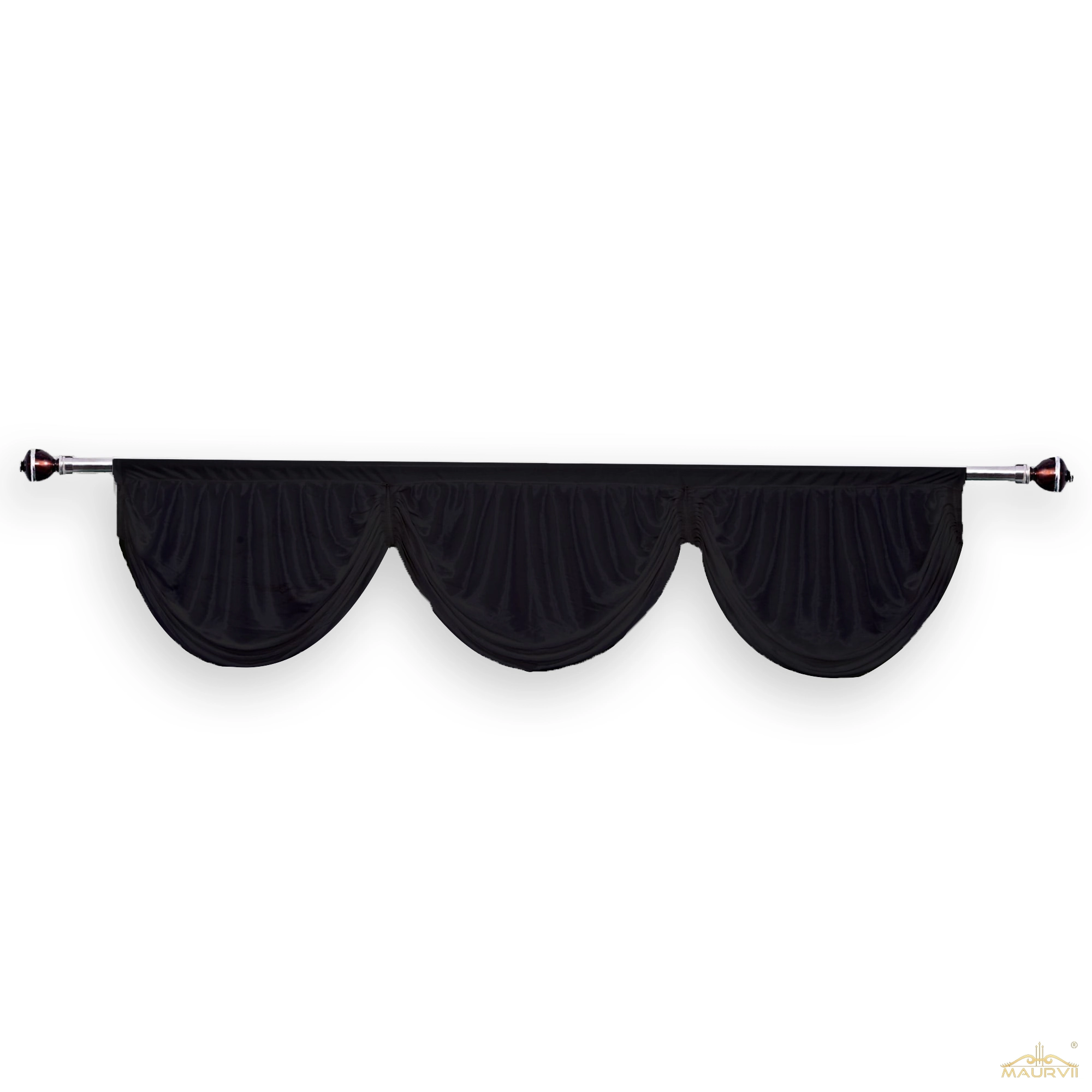 Black color swag valances are installed with curtain rod