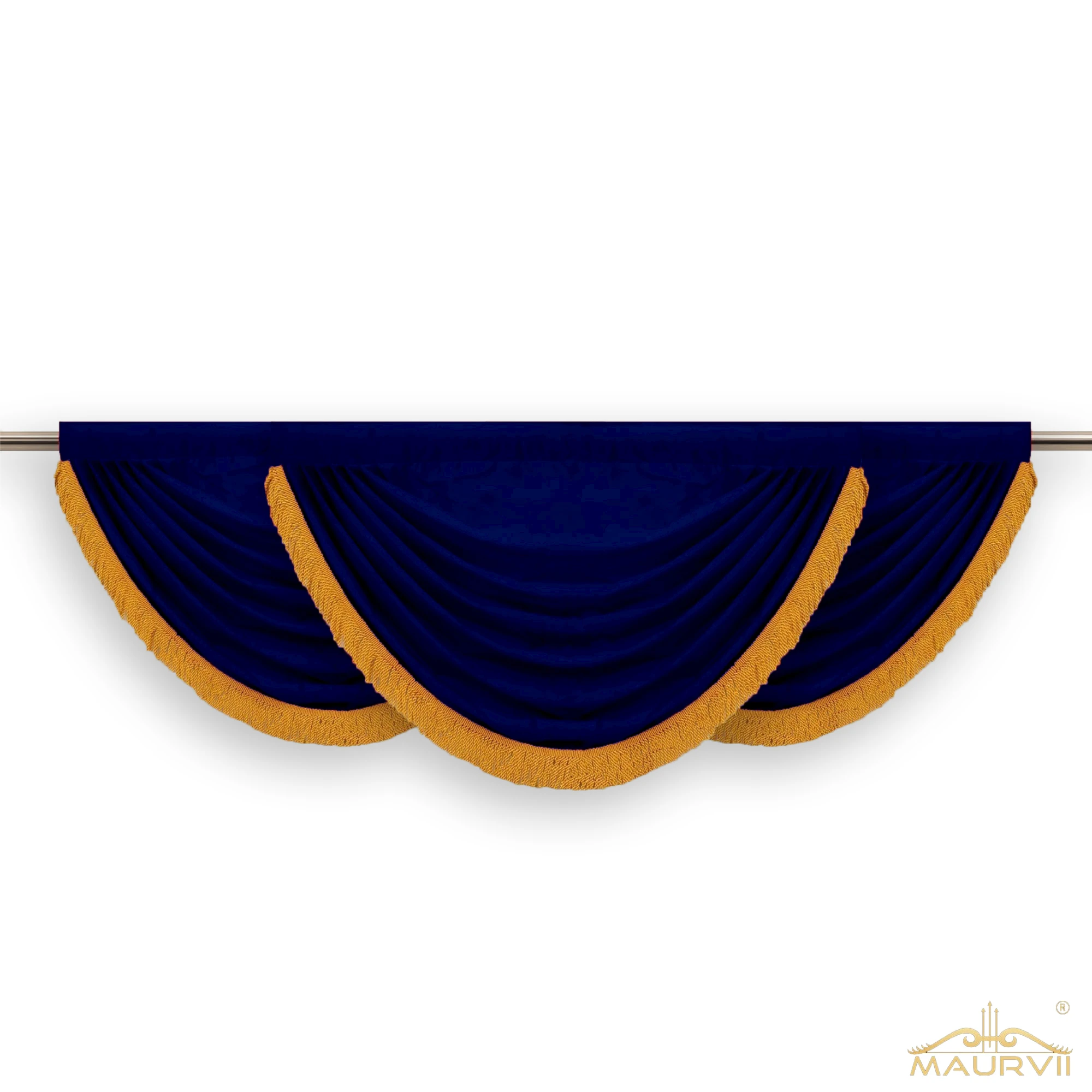 Blue swag curtains with golden fringe
