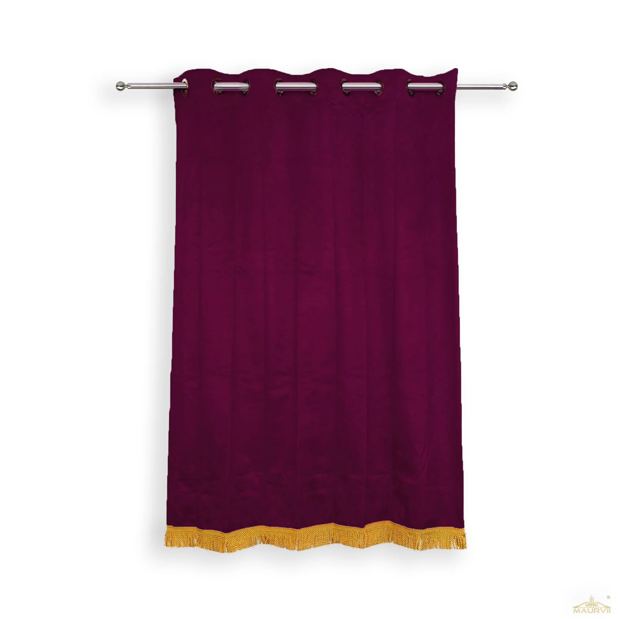 Burgundy velvet curtains with golden fringe