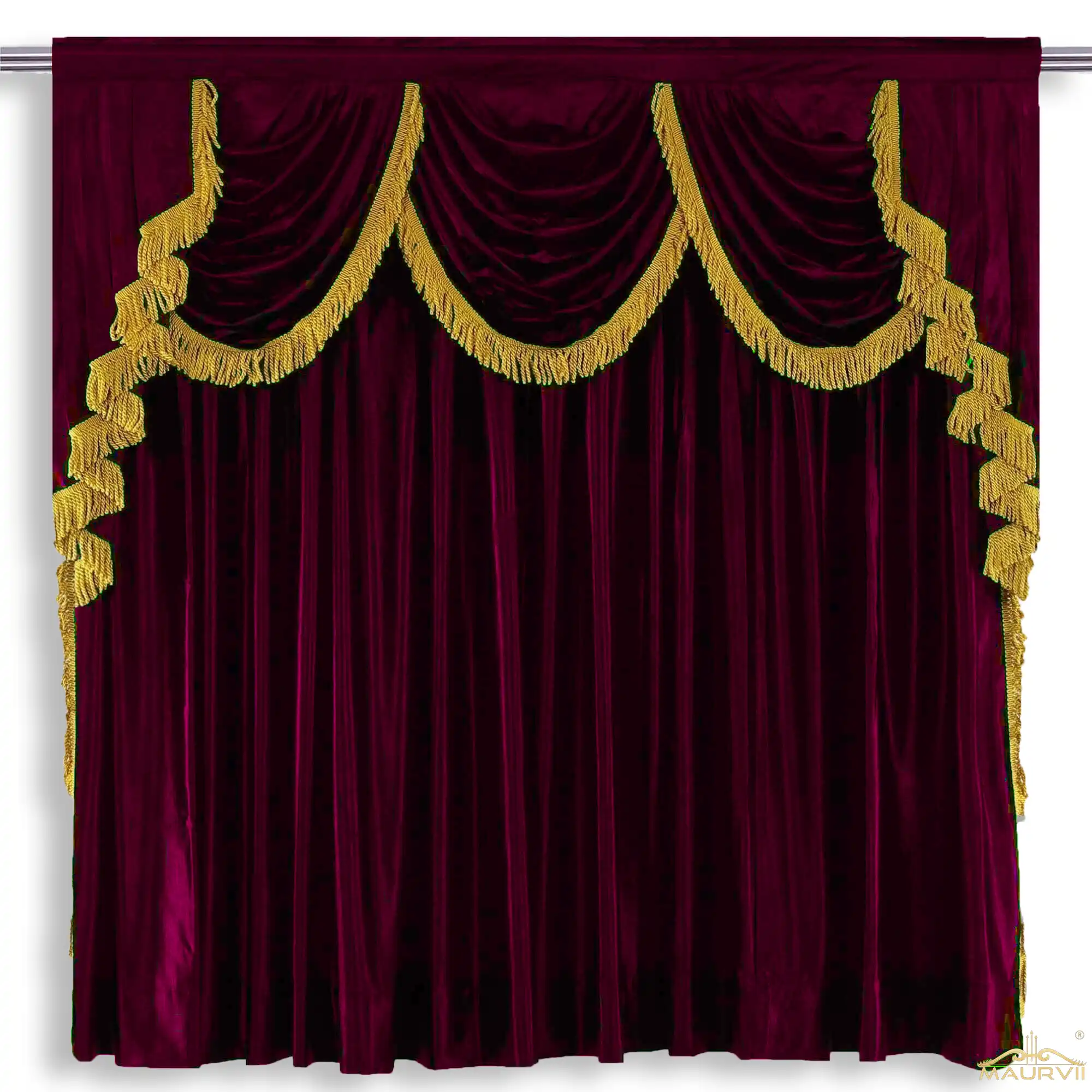 Burgundy stage curtains with decorative valance