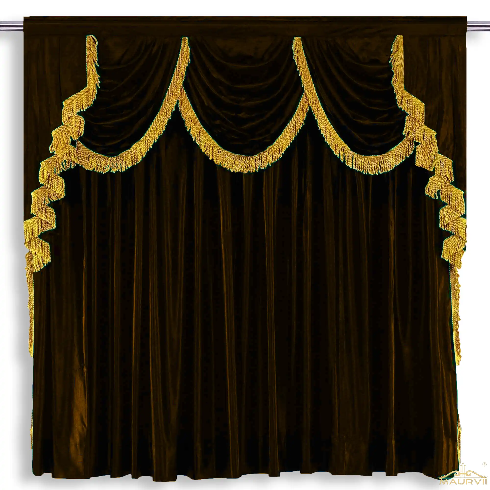 Brown stage curtains with bullion fringe