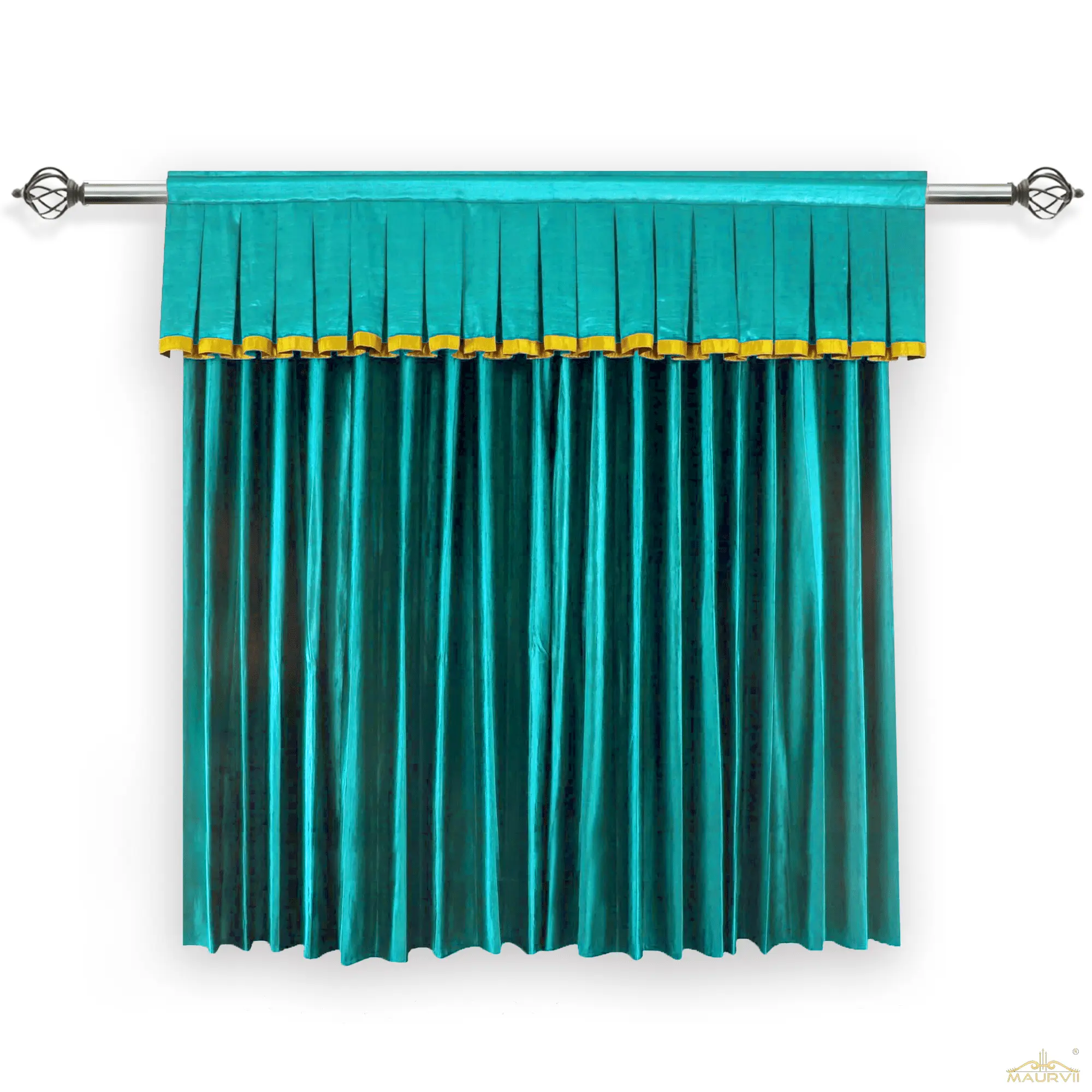 Aqua Home Theater Curtain With Golden Trim