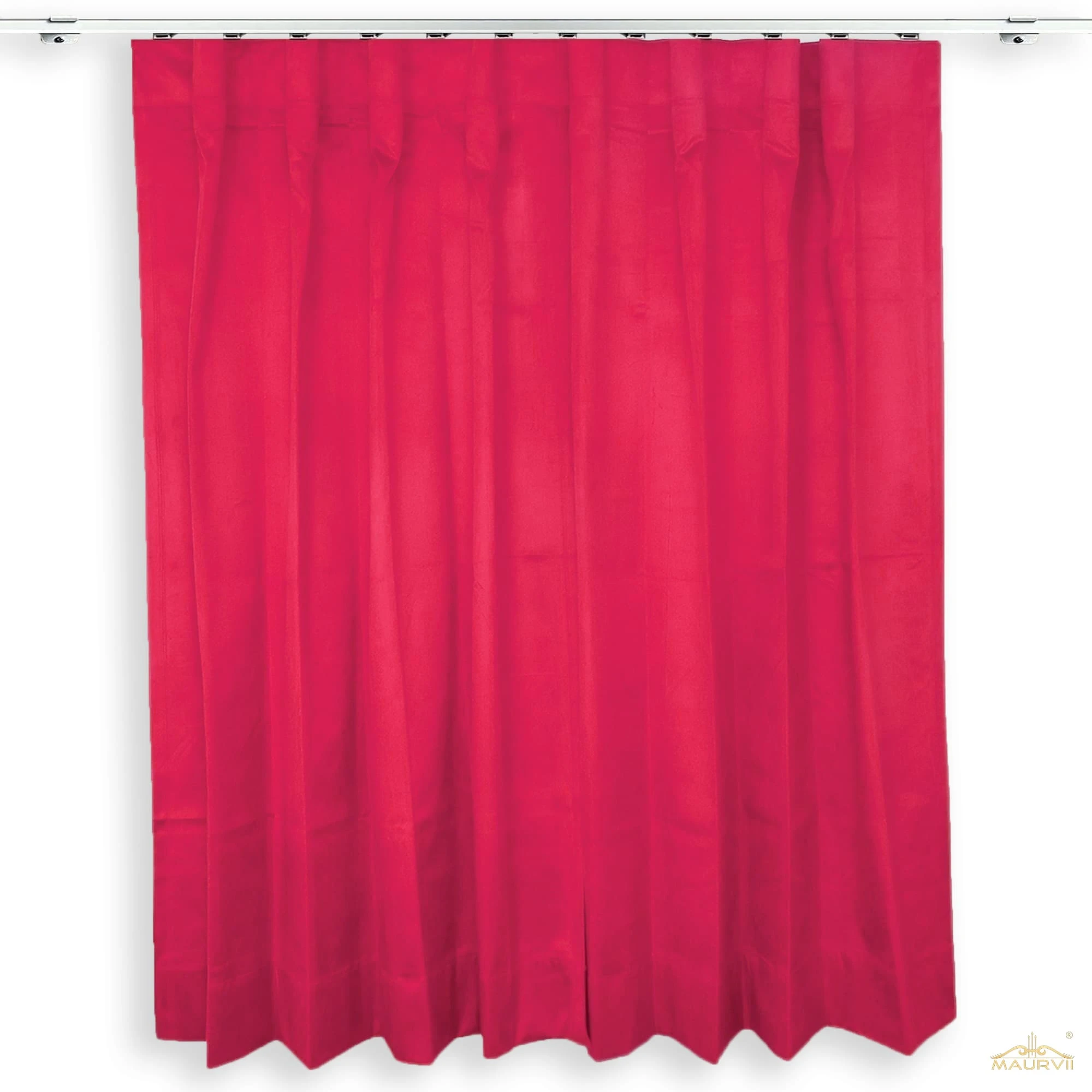 Triple pleated velvet curtains in pinkish red color