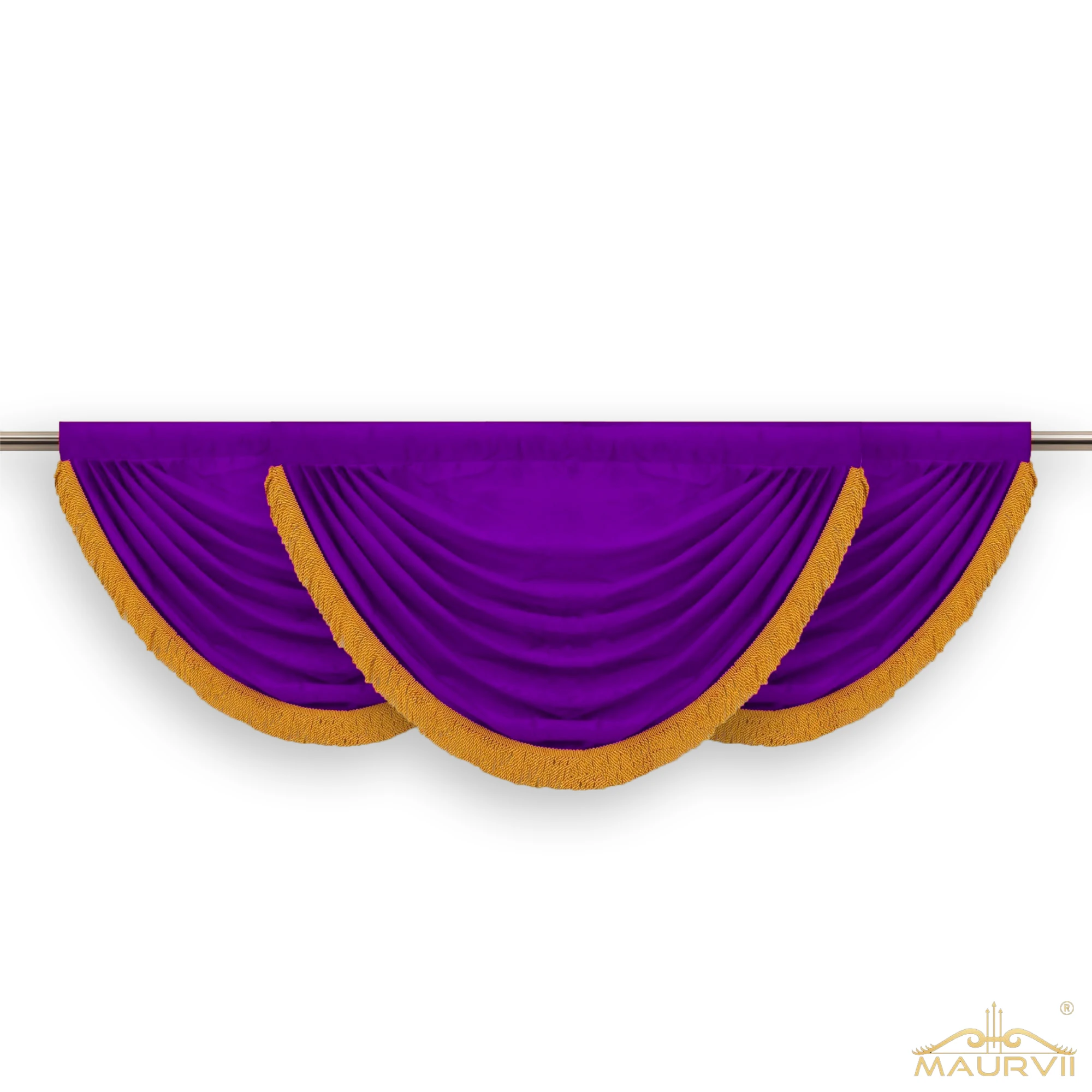 Purple swag valance with golden fringe