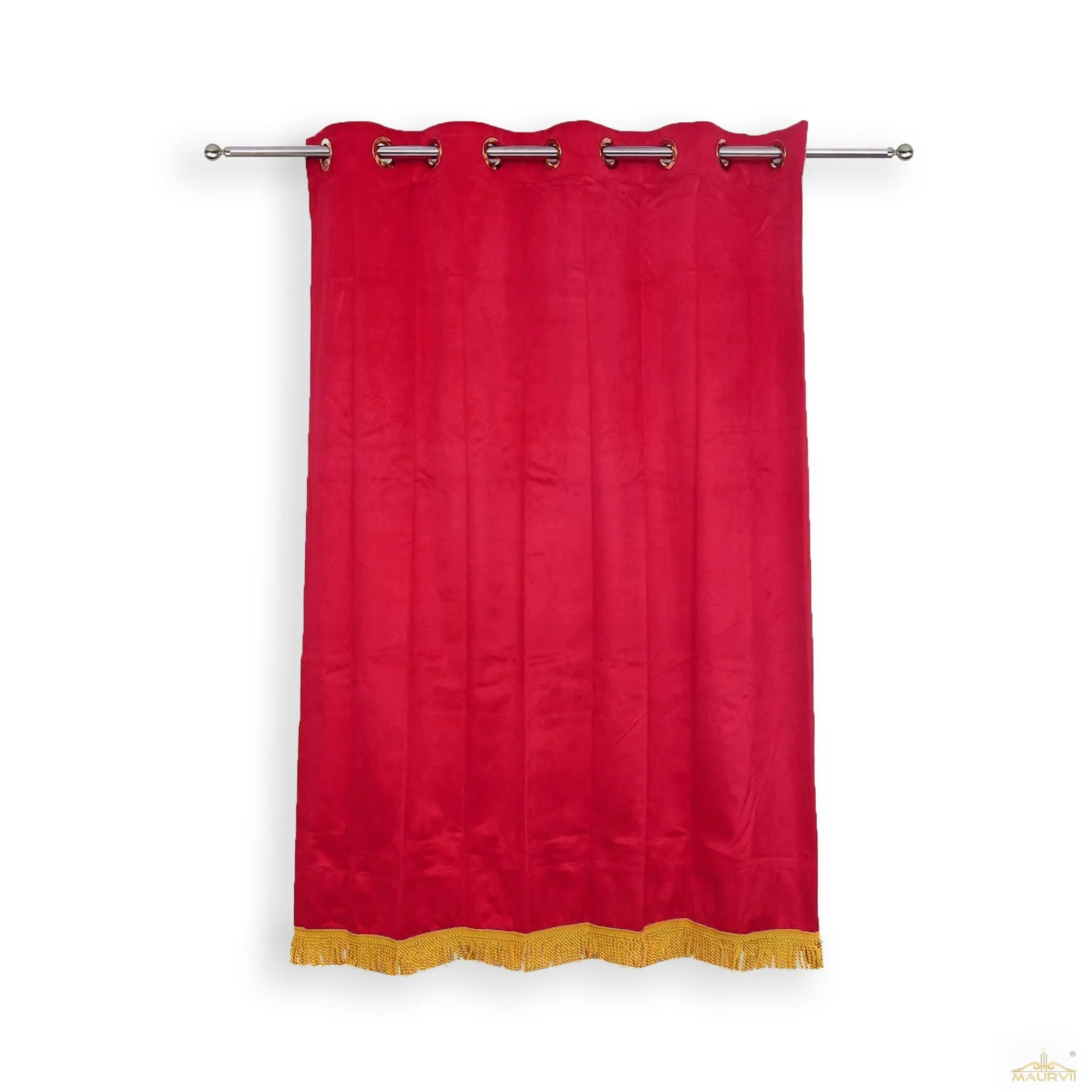 Red velvet drapes with fringe curtains
