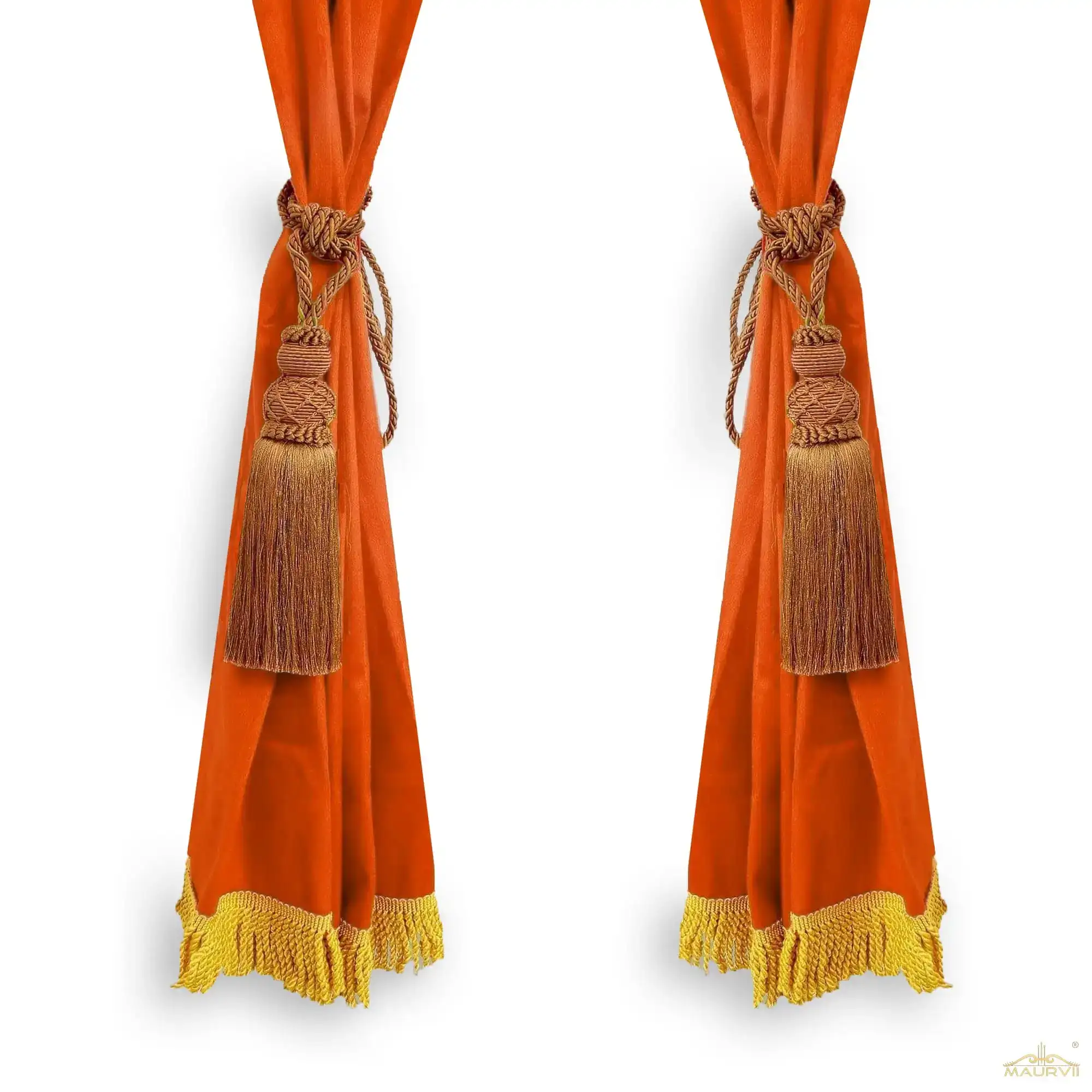 Rust fringe curtains with golden trim