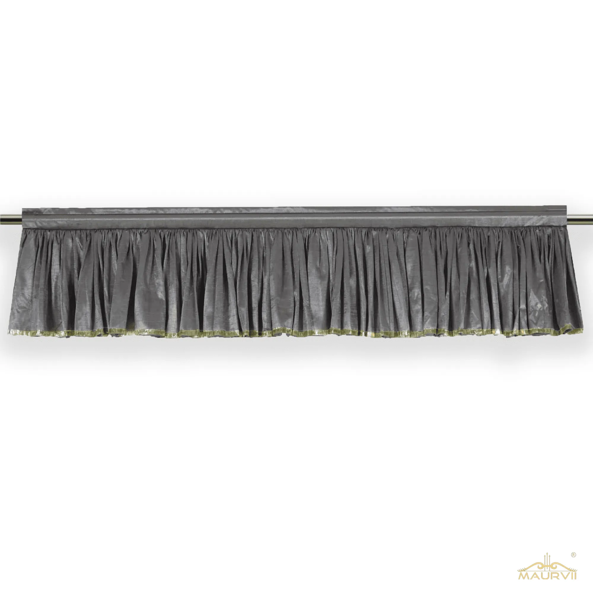 Grey Pleated Valance installed with curtain rod